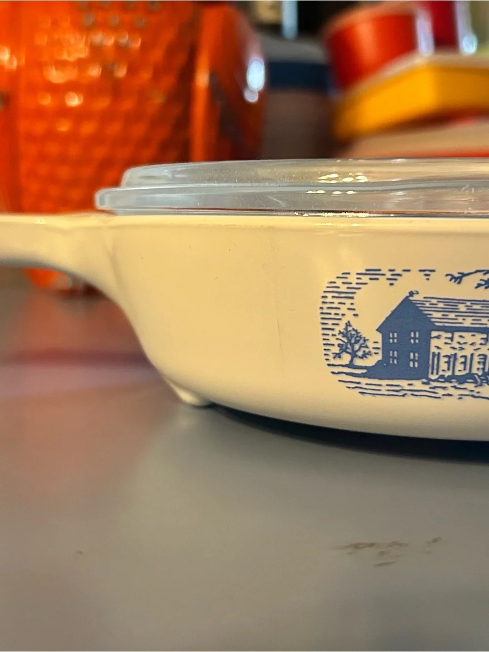 Corningware White Casserole with Blue Country House Pattern and Clear Lid